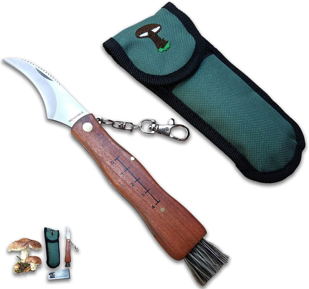 Coltello per funghi con lama curva da 7,5 cm in acciaio inox con chiusura di sicurezza Girolock.